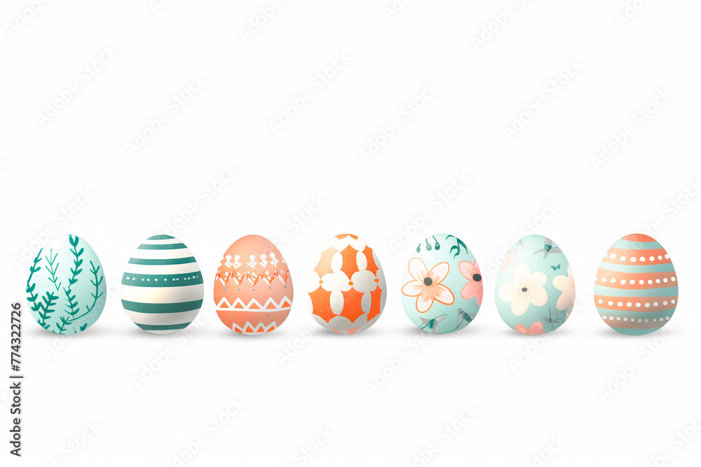 Fototapeta premium A row of colorful pastel Easter eggs, each uniquely painted with different texture on a white background