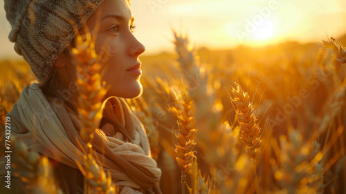 Young woman in a wheat field at sunset © SashaMagic