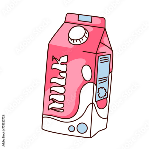 Groovy cartoon package with Milk text on label. Funny retro cardboard pink pack with fresh beverage and lid, dairy products mascot, cartoon packet sticker of 70s 80s style vector illustration