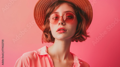 Surrealistic elements blend reality and fantasy, capturing the joy and confidence of a stylish 19-year-old girl against a solid coral-pink background