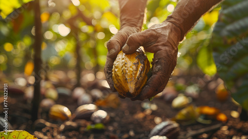 Hands holding a cacao pod in a farm setting