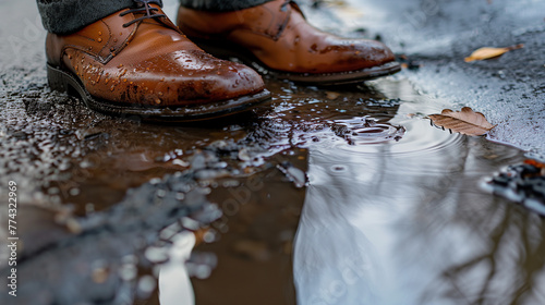 Closeup of a polished leather shoe making contact with a clean sidewalk adjacent to a muddy puddle, evoking a sense of urban elegance