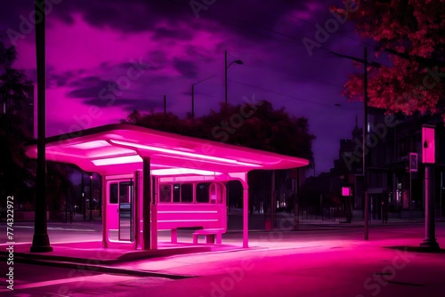 A pink bus stop glows in the night