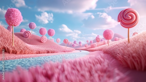 Lollylops sweet lansdcape background. Candyland scene for game or presentation design. Holiday, birthday, baby shower, concept.