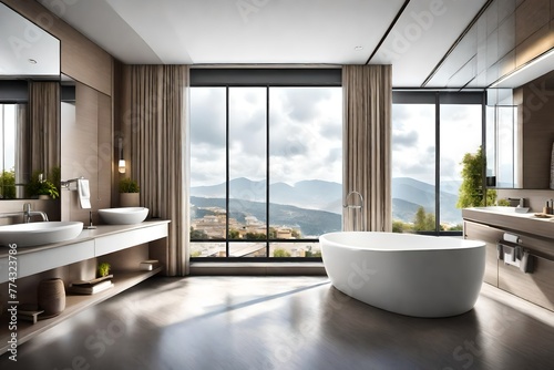 Modern hotel bathroom interior with bathtub and sink, panoramic window