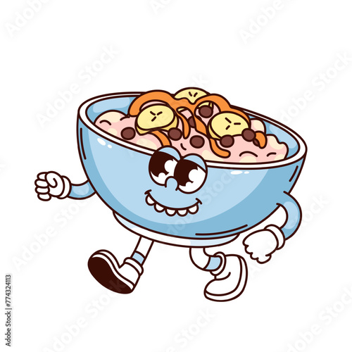Groovy milk porridge bowl cartoon character walking with trippy smile. Funny retro porridge with banana slices and sweet sauce mascot, cartoon breakfast sticker of 70s 80s style vector illustration