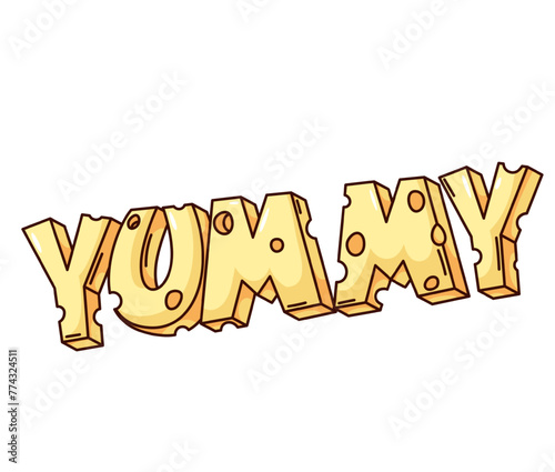 Groovy cartoon sticker with Yummy text and cheese letters. Funny retro word with comic font and cheese holes, delicious food message, cartoon typography badge of 70s 80s style vector illustration