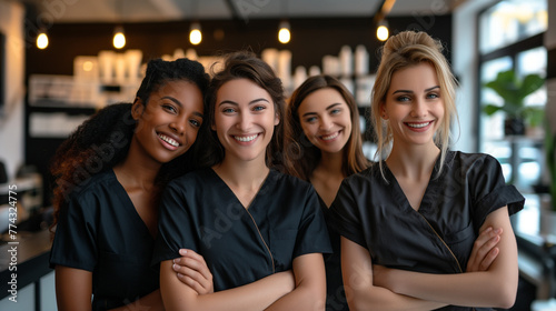 Group of beauticians smiling, team photo in a salon, wearing uniforms, showcasing teamwork and dedication on Beautician's Day 