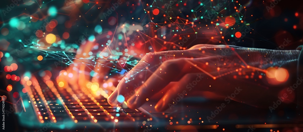 Close up of hands typing on a laptop. with a double exposure of an abstract futuristic network and technology background