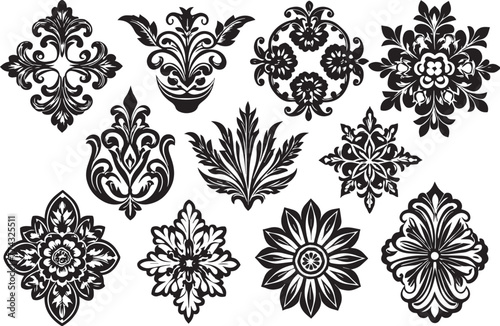 Set of graphic design vector flower ornaments. Hand drawn vector illustration