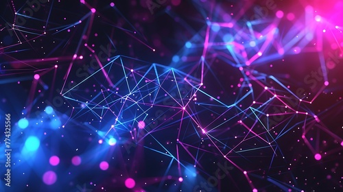Abstract futuristic background with low poly polygonal shapes and glowing particles blue purple pink gradient big data network co