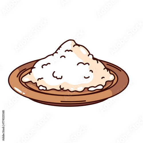 Groovy cartoon plate with white wheat flour. Funny retro bowl of starch or sugar powder, flour ingredient to make dough. Bakery and bread mascot, cartoon sticker of 70s 80s style vector illustration