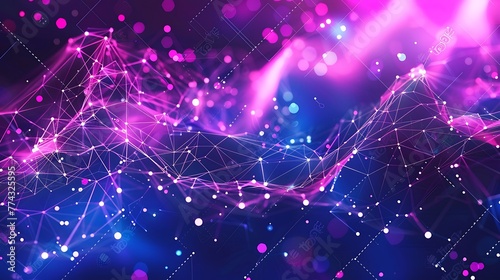 Abstract futuristic background with low poly polygonal shapes and glowing particles blue purple pink gradient