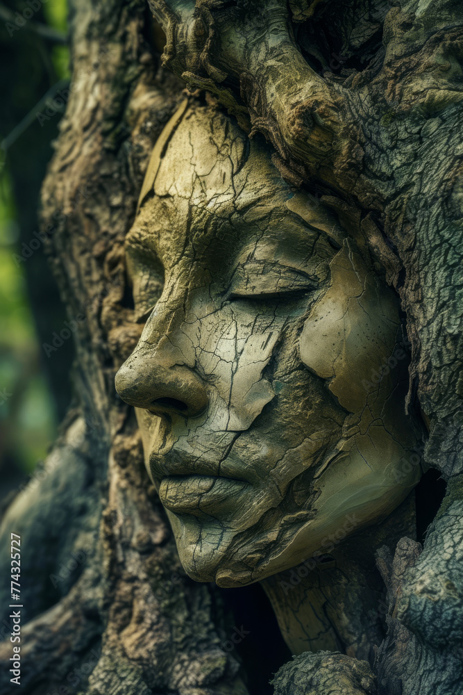 Earthy face sculpture melded with tree bark, silent guardian of forest's soul. A serene face sculpture emerges from tree, symbolizing intimate connection between humanity and nature