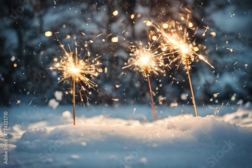 two burning sparklers in snow  party together concept banner background with copy space for happy new year or merry christmas or other festive holiday events