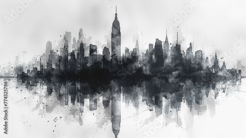 Monochrome Cityscape Illustration with Ink Splatter and Reflection Generative AI