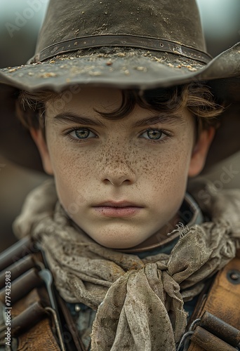 Young Cowboy Boy. Illustration On The Theme Of History And Man.  Generative AI	
 photo