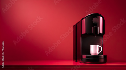 A futuristic smart coffee machine with programmable settings. Glass of coffee, black coffee machine. Red background. Space for text.