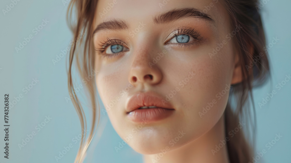 Young woman with perfect soft skin. Beauty, cosmetology, cosmetics, plastic surgery concept. Light isolated background, close up. Space for text. Young woman with perfect soft skin. Beauty, cosmetology, cosmetics, plastic surgery concept. Light isolated background, close up. Space for text.