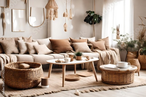 The stylish boho compostion at living room interior with design beige sofa, coffee table, wicker baskets and elegant personal accessories. Brown and white pillows and plaid Cozy apartment. Home decor
