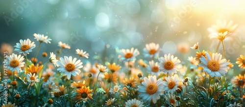 Spring Meadow Blooms: A Vibrant Panorama of Meadow Flowers and Daisies Generative AI © Alex