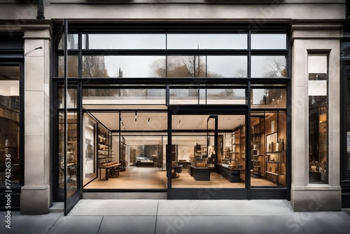 A contemporary storefront with large windows  displays  and a polished entrance