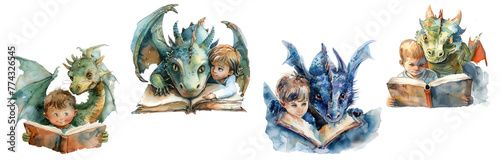 set of  curious dragon peeking over a child’s shoulder as they read, watercolor clipart,transparent background photo