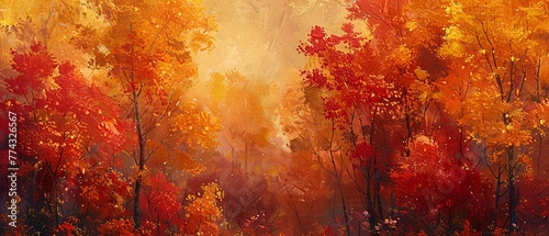 An abstract representation of autumn, with thick paint in warm oranges, reds and yellows. 