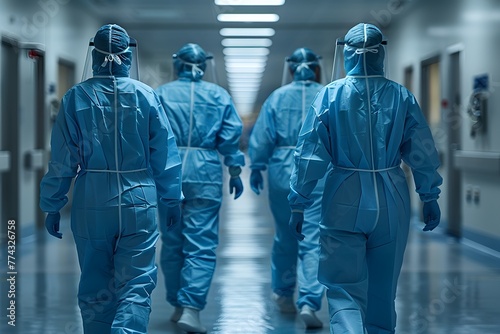 Personal de salud vistiendo ropa azul de bioseguridad con guantes caretas y mascarillas. Doctores caminando dentro de un hospital vista de espaldas. Proteccion personal