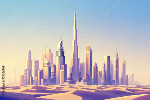 Craft a 3D vector of Dubai s skyline with the Burj Khalifa as the centerpiece. Include futuristic aesthetics  luxurious skyscrapers  and the desert landscape blending into the urban setting.