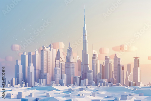 Craft a 3D vector of Dubai's skyline with the Burj Khalifa as the centerpiece. Include futuristic aesthetics, luxurious skyscrapers, and the desert landscape blending into the urban setting.