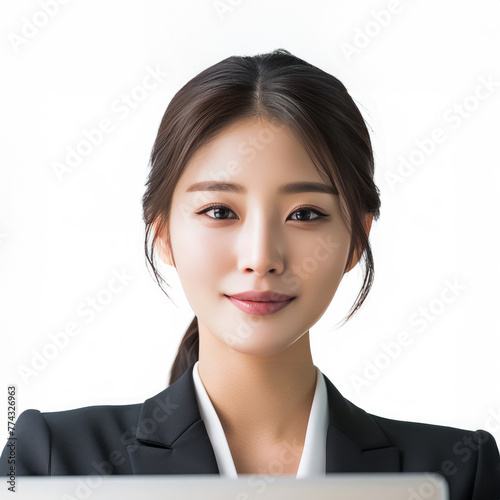 A close-up portrait highlights the radiant full face of a Korean professional, who effortlessly combines femininity and business acumen in her stylish attire, her flawless complexion illuminated