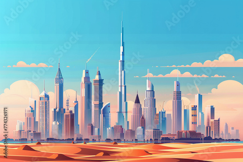Craft a 3D vector of Dubai's skyline with the Burj Khalifa as the centerpiece. Include futuristic aesthetics, luxurious skyscrapers, and the desert landscape blending into the urban setting.