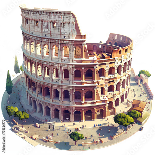 Depict a 3D vector of Rome, capturing the ancient Colosseum with modern Rome in the backdrop. Emphasize historical textures, the bustling piazzas, and the intricate details of Roman architecture. photo