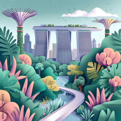 Illustrate a 3D vector of Singapore's Marina Bay Sands and Gardens by the Bay. Highlight the futuristic nature of the city, with a focus on sustainability and the iconic Supertree Grove.