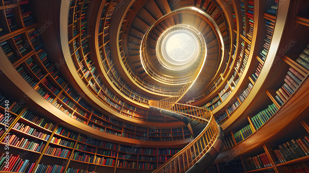 A spiral staircase in a library with many bookshelves. The bookshelves are filled with books and the staircase is winding up the middle of the library A spiral staircase in a library with many bookshelves. The bookshelves are filled with books and the staircase is winding up the middle of the library