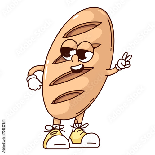 Groovy wheat loaf cartoon character with gesture of victory and peace. Funny retro bread with hippie sign, bakery product mascot, cartoon loaf with cuts sticker of 70s 80s style vector illustration