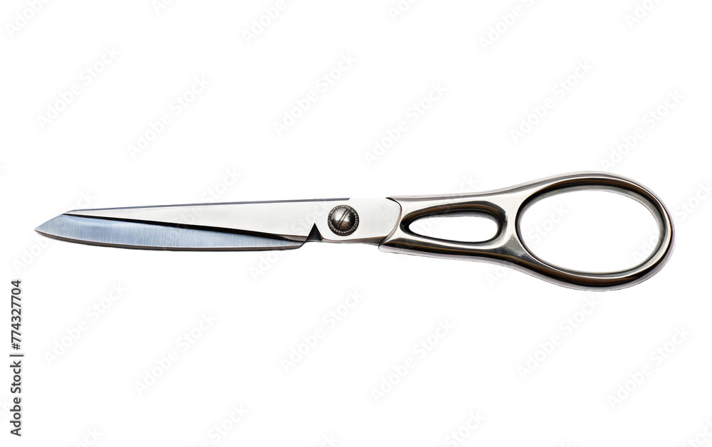 A pair of silver scissors elegantly rest on a stark white background A pair of silver scissors elegantly rest on a stark white background