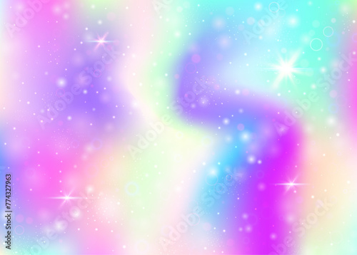 Holographic background with rainbow mesh. Girlish universe banner in princess colors. Fantasy gradient backdrop with hologram. Holographic magic background with fairy sparkles, stars and blurs.