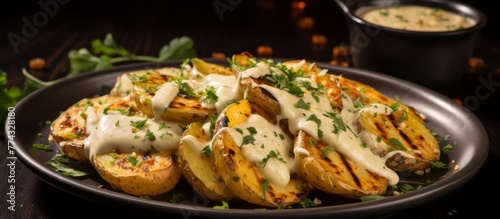 A delicious plate of roasted potatoes topped with melted cheese and garnished with fresh parsley