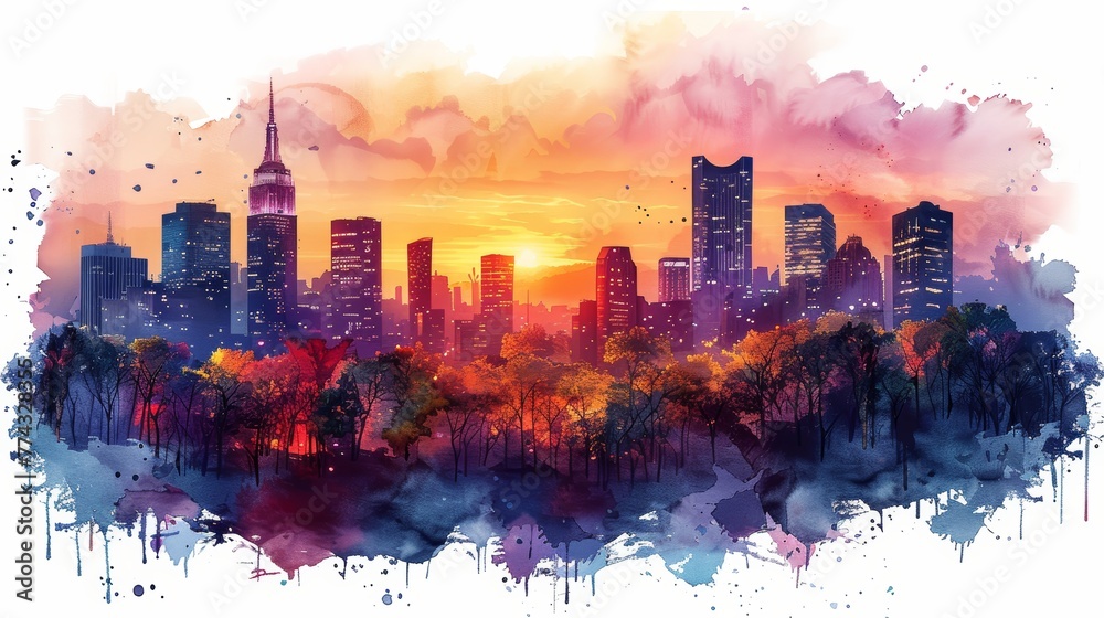 Watercolor Skyline on White Background Generative AI - obrazy, fototapety, plakaty 