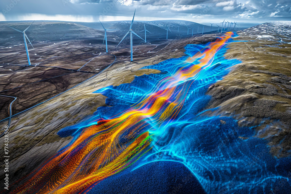 Futuristic 3D visualizations of energy flow within a renewable energy site, mapping the potential of wind, solar, and biofuels - obrazy, fototapety, plakaty 