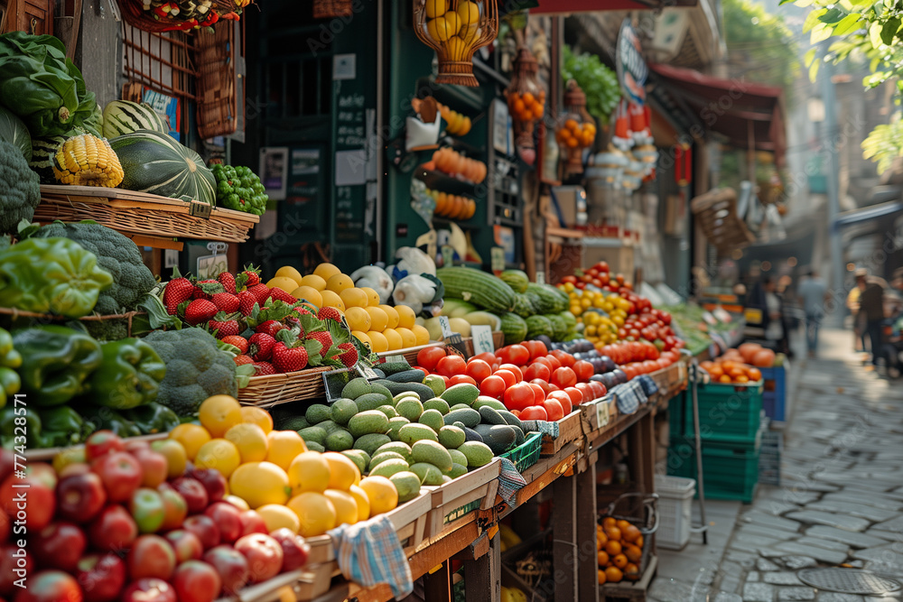 Fruit and Vegetable Stand on Cobblestone Street