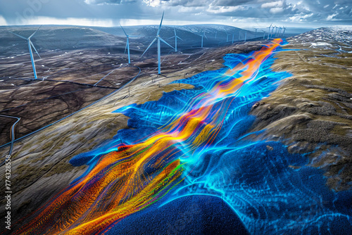 Futuristic 3D visualizations of energy flow within a renewable energy site, mapping the potential of wind, solar, and biofuels
