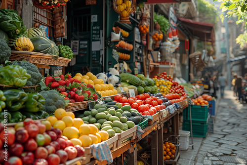 Fruit and Vegetable Stand on Cobblestone Street © Dzmitry