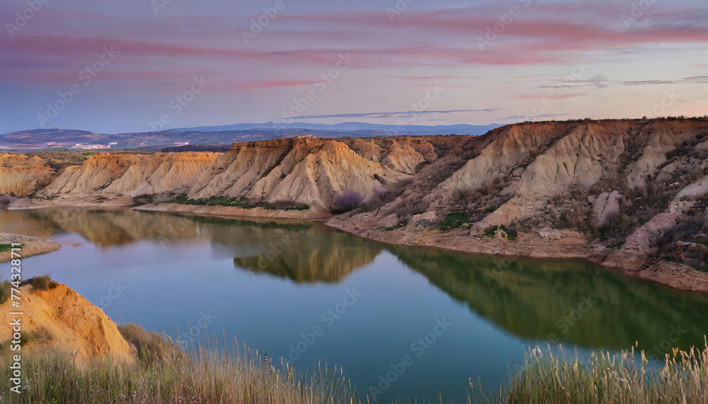 River and desert land in a canyon with enchanting  twilight colors in the sky