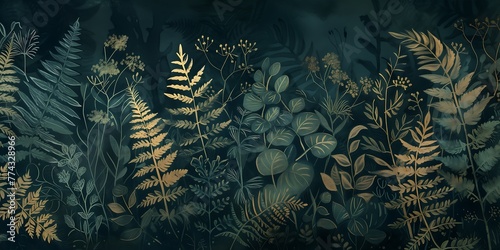 Lush ferns and tropical leaves in dark green hues on a shadowy background