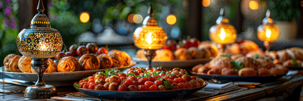 Food for celebrating the end of Ramadan and the holiday of breaking the fast in Islam and Iftar. Homemade food and table setting for celebration. Banner.