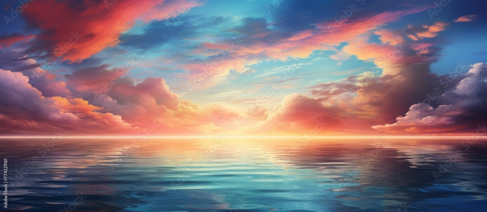 A breathtaking artwork capturing the serene beauty of a sunset descending over the vast ocean, illuminating the sky with vivid hues
