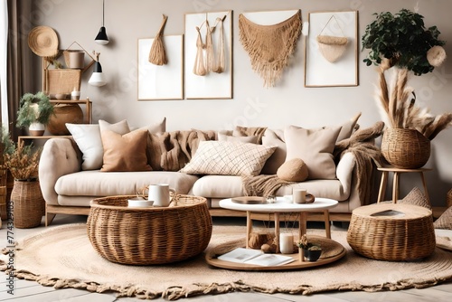 The stylish boho compostion at living room interior with design beige sofa, coffee table, wicker baskets and elegant personal accessories. Brown and white pillows and plaid Cozy apartment. Home decor photo